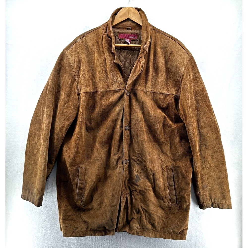 Vintage Merona Suede‎ Leather Coat Jacket Men's Large Cowhide Quilted Brown